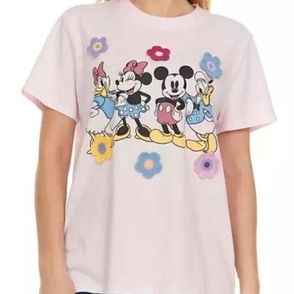 Disney Women's Size Medium Shirt Light Pink Mickey Friends Embroidered Flowers